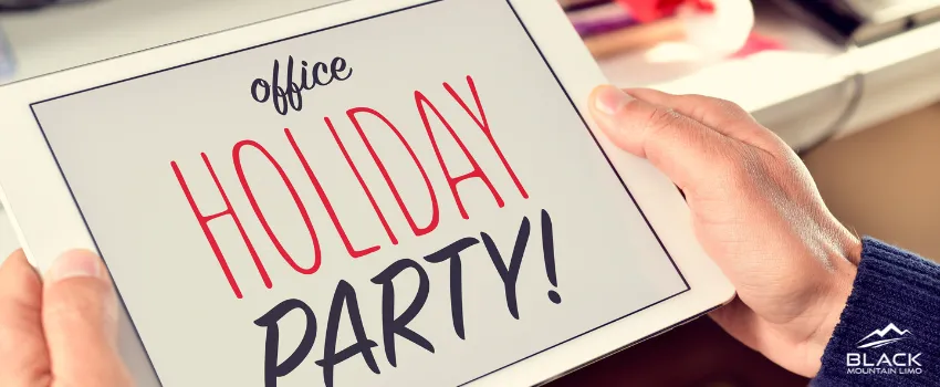 BML - Office holiday party graphic on a white tablet device