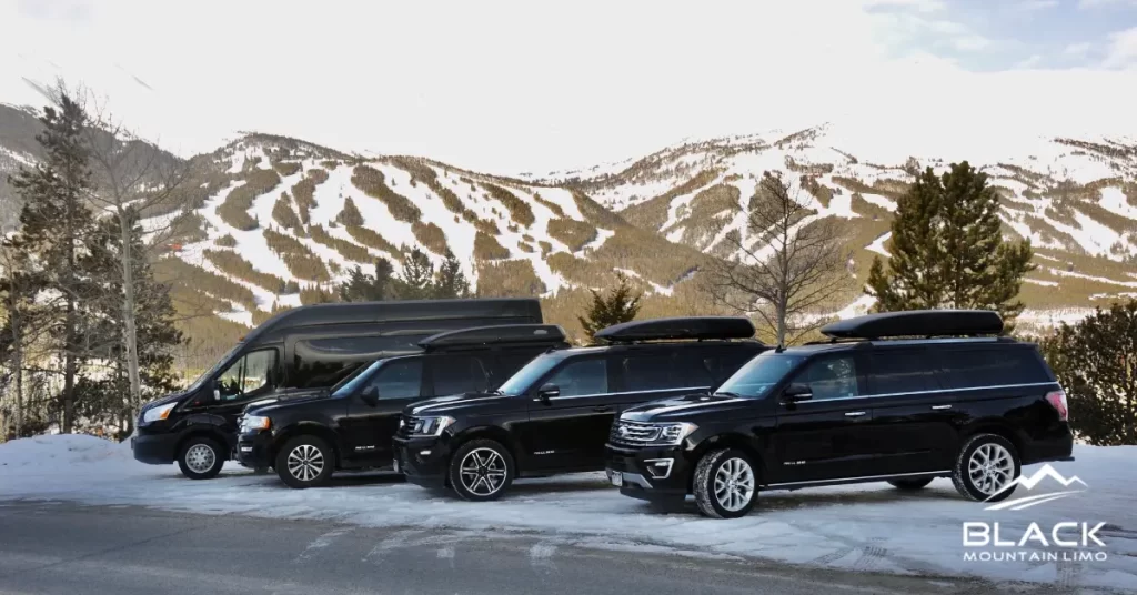 Four black rental cars parked in front of a scenic mountain backdrop.