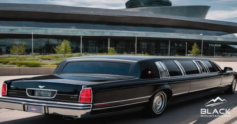 A black limousine in front of the Denver International Airport.