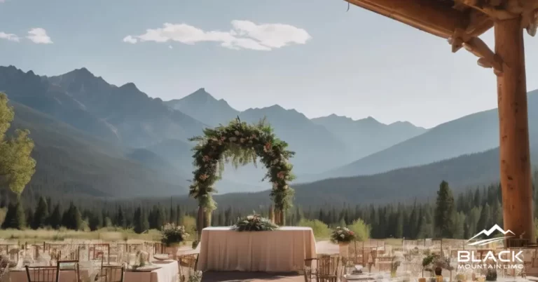 A destination wedding setup with an overlooking view of the Colorado mountains