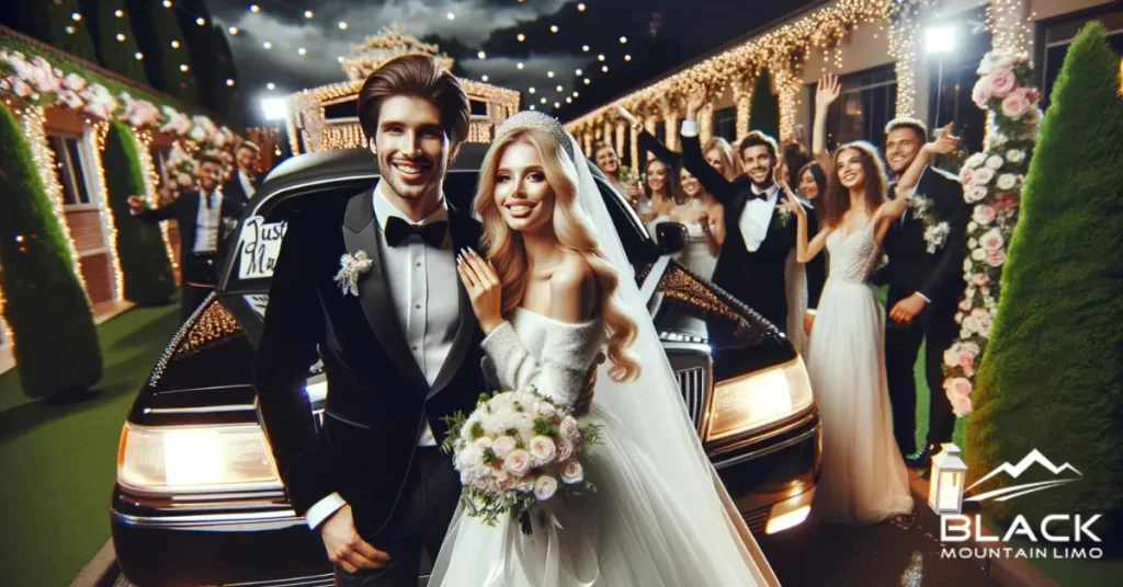 A bride and groom posing in front of a limousine along with their wedding guests.