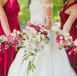 Bridal wedding flowers and brides closeup.